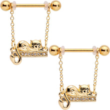Load image into Gallery viewer, 14G 5/8 Clear Gem Gold Tone Nap Cat Dangle Nipple Ring Set