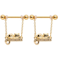 Load image into Gallery viewer, 14G 5/8 Clear Gem Gold Tone Nap Cat Dangle Nipple Ring Set