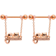 Load image into Gallery viewer, 14G 5/8 Clear Gem Rose Gold Tone Nap Cat Dangle Nipple Ring Set
