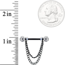 Load image into Gallery viewer, 14G Clear Gem End Black Chain Dangle Nipple Ring Set