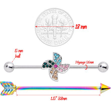 Load image into Gallery viewer, 14G Rainbow Gem Pinwheel and Arrow Industrial Barbell Set 38mm
