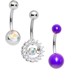 Load image into Gallery viewer, Clear Aurora Gem Purple Pearlescent Fashion Belly Ring Set of 3