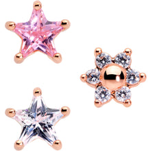 Load image into Gallery viewer, 16G 1/4 Pink Clear CZ Gem Rose Gold Tone Star Tragus Set of 3