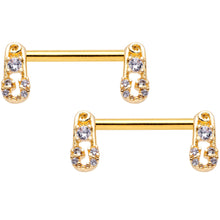 Load image into Gallery viewer, 14G 9/16 Clear CZ Gem Gold Tone Safety Pin Nipple Ring Set