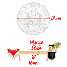 Load image into Gallery viewer, 14G 9/16 Gold Tone Fox and Acorn Barbell Nipple Ring Set