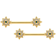 Load image into Gallery viewer, 14G 9/16 Clear Green CZ Gem Starburst Nipple Ring Set