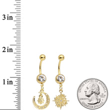 Load image into Gallery viewer, Clear Gem Gold Tone Celestial Star Moon Dangle Belly Ring Set