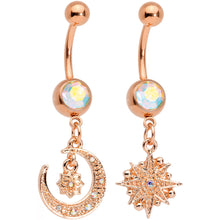 Load image into Gallery viewer, Aurora Gem Rose Gold Tone Celestial Star Moon Dangle Belly Ring Set