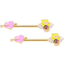 Load image into Gallery viewer, 14G 9/16 Pink Gem Heart Cupid Gold Tone Barbell Nipple Ring Set