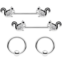 Load image into Gallery viewer, 14G Clear Gem Squirrel BCR Barbell Nipple Ring Set of 4