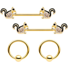 Load image into Gallery viewer, 14G Clear Gem Gold Tone Squirrel BCR Barbell Nipple Ring Set of 4