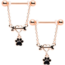 Load image into Gallery viewer, 14G Rose Gold Tone Love My Dog Paw Print Dangle Nipple Ring Set