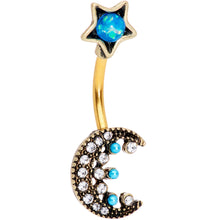Load image into Gallery viewer, Aqua Faux Opal Gold Tone Orb Crescent Moon Reversible Belly Ring