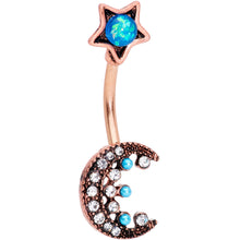 Load image into Gallery viewer, Aqua Faux Opal Rose Gold Tone Orb Crescent Moon Reversible Belly Ring