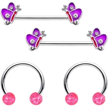 Load image into Gallery viewer, 14G Pink Purple Butterfly Horseshoe Barbell Nipple Ring Set of 4