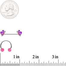 Load image into Gallery viewer, 14G Pink Purple Butterfly Horseshoe Barbell Nipple Ring Set of 4