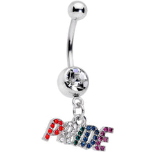 Load image into Gallery viewer, Clear Gem Rainbow Gem Text Gay Pride Dangle Belly Ring