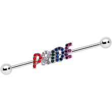 Load image into Gallery viewer, 14G Rainbow Gem Text Gay Pride Barbell Industrial 38mm