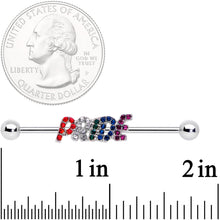Load image into Gallery viewer, 14G Rainbow Gem Text Gay Pride Barbell Industrial 38mm