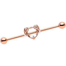 Load image into Gallery viewer, 14G Clear CZ Gem Rose Gold Tone Scrollwork Heart Industrial Barbell