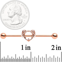 Load image into Gallery viewer, 14G Clear CZ Gem Rose Gold Tone Scrollwork Heart Industrial Barbell
