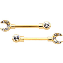 Load image into Gallery viewer, 14G Clear CZ Gem Gold Tone Crescent Wrench Barbell Nipple Ring Set