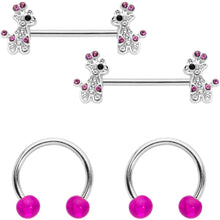 Load image into Gallery viewer, 14G Clear Pink Gem Giraffe UV Horseshoe Nipple Ring Set