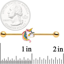 Load image into Gallery viewer, 14G Gold Tone Pastel Unicorn Industrial Barbell 38mm