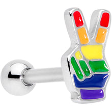 Load image into Gallery viewer, 16G 1/4 Gay Pride Rainbow Hand Peace Sign Cartilage Tragus
