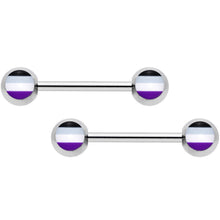 Load image into Gallery viewer, 14G Black Gray White Purple Asexual Pride Barbell Nipple Ring Set