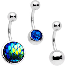 Load image into Gallery viewer, Blue Gem Blue Green Mermaid Scale Belly Ring Set of 3