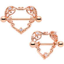 Load image into Gallery viewer, 14G 9/16 Clear CZ Gem Rose Gold Tone Open Heart Nipple Shield Set