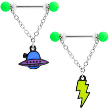 Load image into Gallery viewer, 14G 9/16 Green Lightning UFO Dangle Barbell Nipple Ring Set