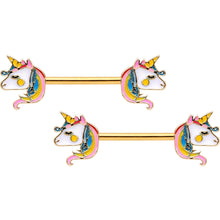 Load image into Gallery viewer, 14G Gold Tone Unicorn UV Horseshoe Barbell Nipple Ring Set of 4