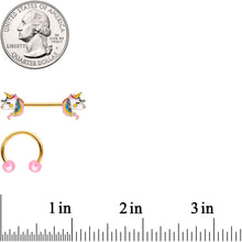 Load image into Gallery viewer, 14G Gold Tone Unicorn UV Horseshoe Barbell Nipple Ring Set of 4