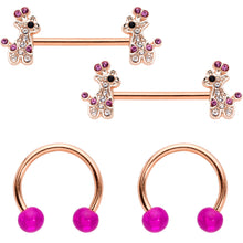 Load image into Gallery viewer, Clear Purple Gem Rose Gold Tone Giraffe UV Horseshoe Nipple Ring Set