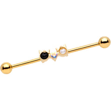 Load image into Gallery viewer, 14G Black White CZ Gem Gold Tone Kitty Cat Luv Industrial Barbell 38mm