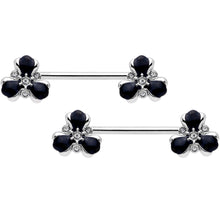 Load image into Gallery viewer, 14G 9/16 Clear Black Gem Abstract Flower Barbell Nipple Ring Set