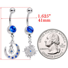 Load image into Gallery viewer, Blue Gem Compass Star Crescent Moon Dangle Belly Ring Set of 2