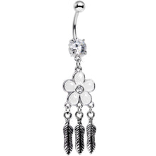 Load image into Gallery viewer, Clear Gem White Flower Feathers Dreamcatcher Dangle Belly Ring