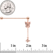 Load image into Gallery viewer, 14G Clear Gem Rose Gold Tone Butterfly Dangle Industrial Barbell