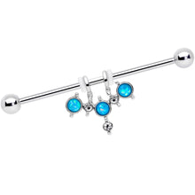 Load image into Gallery viewer, 14G Aqua Faux Opal Triad Dangle Industrial Barbell 38mm