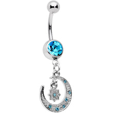 Load image into Gallery viewer, Aqua Gem Starburst Crescent Moon Dangle Belly Ring Set of 2