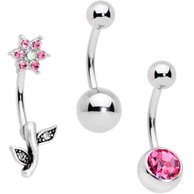 Load image into Gallery viewer, Pink Clear Gem Flower Belly Ring Set of 3