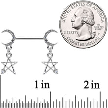 Load image into Gallery viewer, 14G 9/16 Clear Gem Moon Star Dangle Barbell Nipple Ring Set