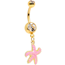 Load image into Gallery viewer, Clear Gem Gold Tone Pink Nautical Starfish Dangle Belly Ring