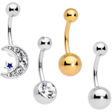 Load image into Gallery viewer, Clear CZ Gem Gold Tone Moon Belly Ring Set of 4
