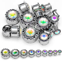Load image into Gallery viewer, Aurora Gem Filigree Flower Double Flare Plug Set 2G to 1 Inch