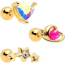 Load image into Gallery viewer, 16G 1/4 Pink Faux Opal Gold Tone Heart Cartilage Tragus Set of 3