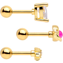 Load image into Gallery viewer, 16G 1/4 Pink Faux Opal Gold Tone Heart Cartilage Tragus Set of 3